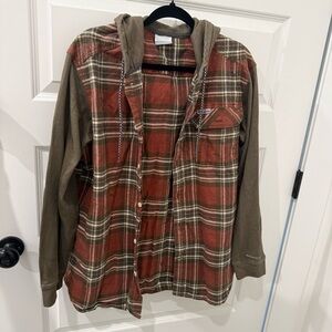 Columbia Omni-Wick Hooded Flannel Shacket Gorpcore Plaid Rust Olive L